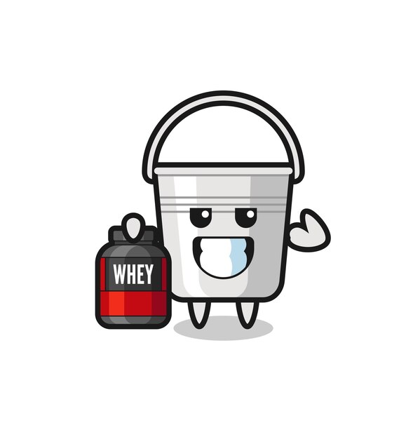 The muscular metal bucket character is holding a protein supplement , cute style design for t shirt, sticker, logo element