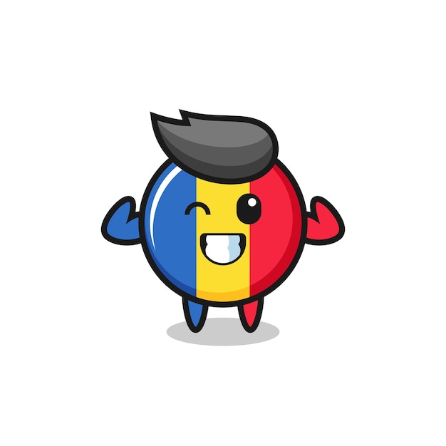 The muscular romania flag badge character is posing showing his muscles , cute style design for t shirt, sticker, logo element