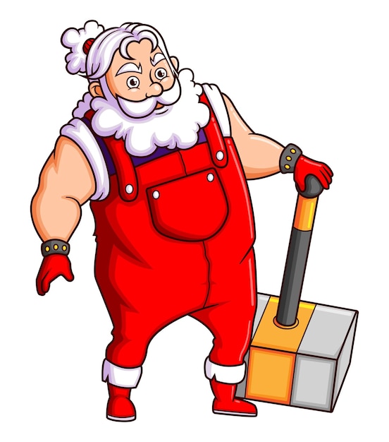 The muscular santa claus is holding the big thunder axe