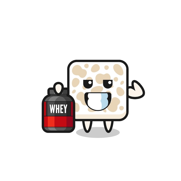 The muscular tempeh character is holding a protein supplement