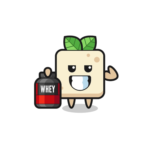 The muscular tofu character is holding a protein supplement , cute style design for t shirt, sticker, logo element