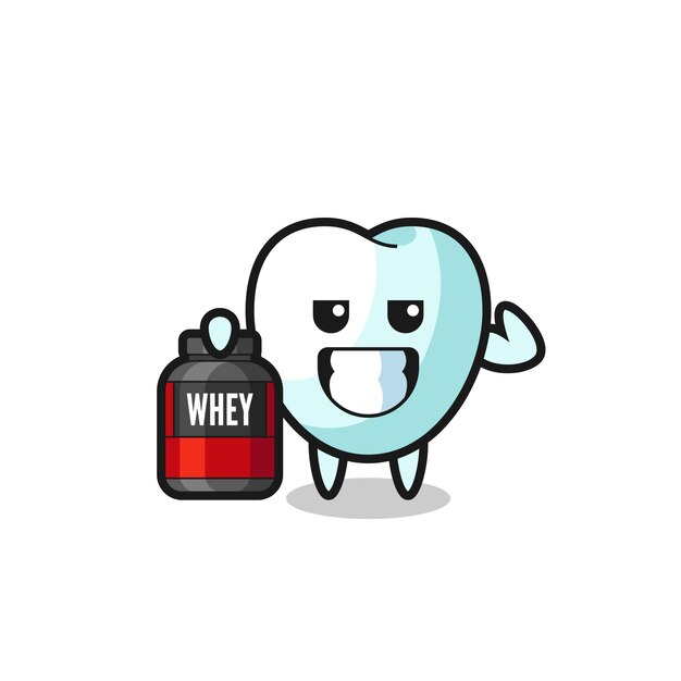 The muscular tooth character is holding a protein supplement