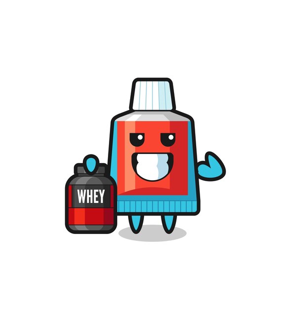 The muscular toothpaste character is holding a protein supplement