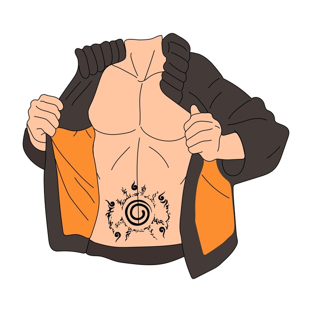 Muscular torso with Trigrams seal icons isolated on white background. Anime style symbol stock