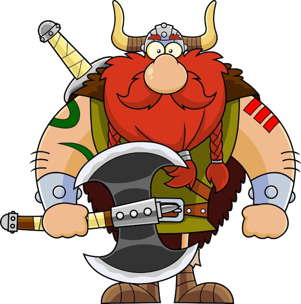 Muscular Viking Cartoon Character Holding A Big Axe Vector Illustration