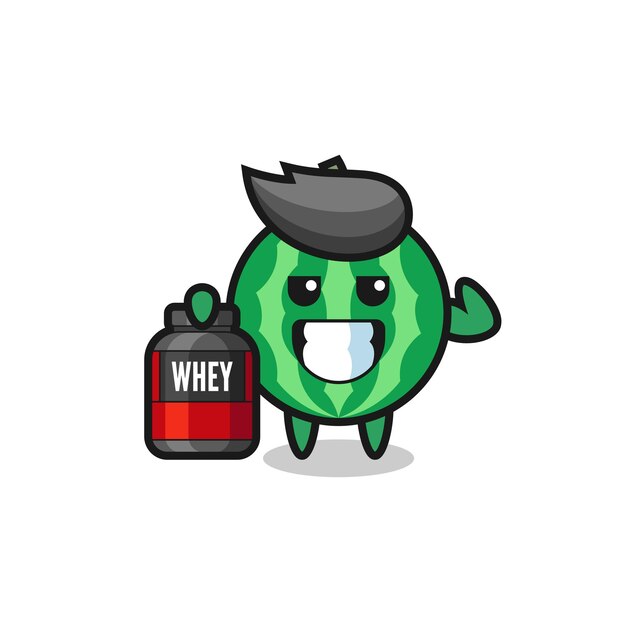 The muscular watermelon character is holding a protein supplement , cute style design for t shirt, sticker, logo element