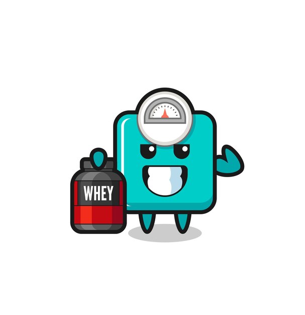 Персонаж с мышечной шкалой веса держит протеиновую добавку, симпатичный дизайн футболки, стикер, элемент логотипа