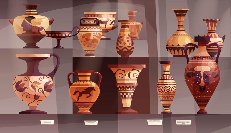 Museum  interior  with antique Greek vases ancient traditional clay jar or pots for wines