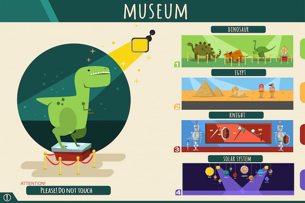 Interno del museo con reperti di dinosauri preistorici, armature da cavaliere e armi d'acciaio, antico egitto e piramidi ed esposizione del sistema solare. infografica piatta del fumetto.