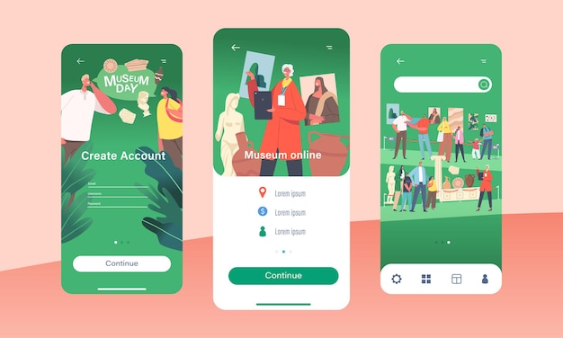 Museum online mobiele app-pagina Onboard-schermsjabloon. Familiekarakters die een bezoek brengen aan het museum voor oude geschiedenis en kunsttentoonstelling. Ouders en kinderen onderwijsconcept. Cartoon mensen vectorillustratie