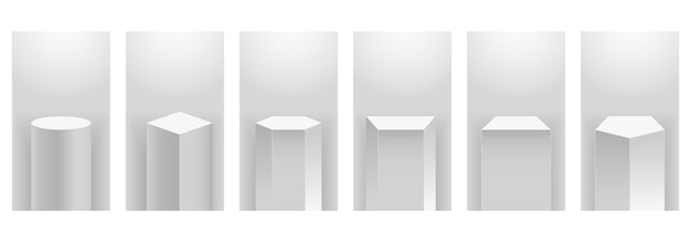 Vector museum podium stages gallery geometric blank product stands squares and cylinders column empty platform with lights white stands for product