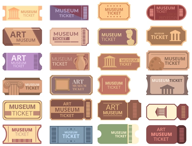 Museum ticket pictogrammen instellen cartoon vector. galerij sculptuur