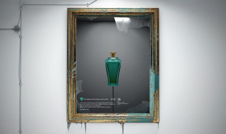 Vector museum with golden frame and broken glass dramatic scene for product presentation template