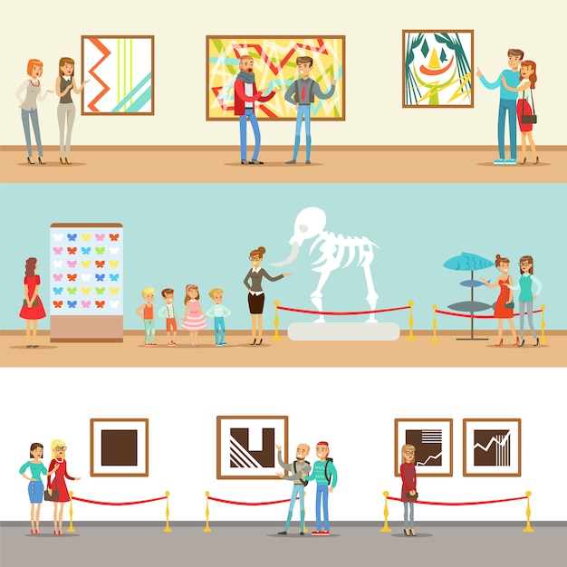 Vector museumbezoekers die een museumtour maken