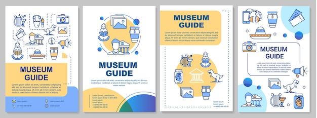 Museumgids brochure sjabloon. tentoonstellingsgids. flyer, boekje, folder afdrukken, omslagontwerp met lineaire pictogrammen. vectorpaginalay-outs voor tijdschriften, jaarverslagen, reclameposters