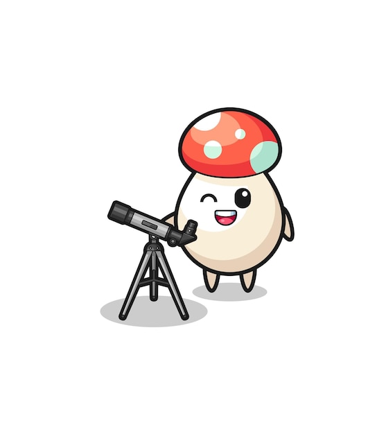 Mushroom astronomer mascot with a modern telescope cute design