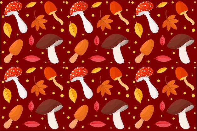 Mushroom autumn forest pattern. Vector pattern with a set of autumn mushrooms and yellowed autumn le