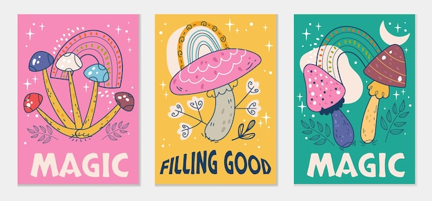 Mushroom bohemian magic psychedelic flyers isolated set flat graphic design illustration