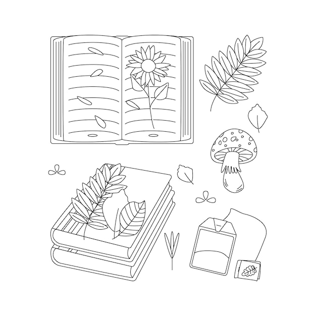 Vector mushroom, book, sock, leaves, tea. hello autumn. autumn season element, icon. flat vector illustration isolated on white background. line art.