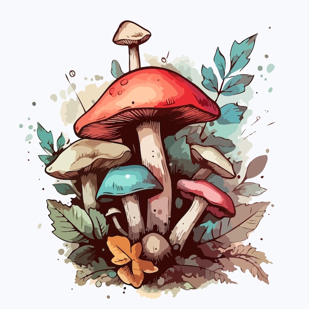 Mazzo di funghi illustrazione pittura ad acquerello del bouquet di funghi