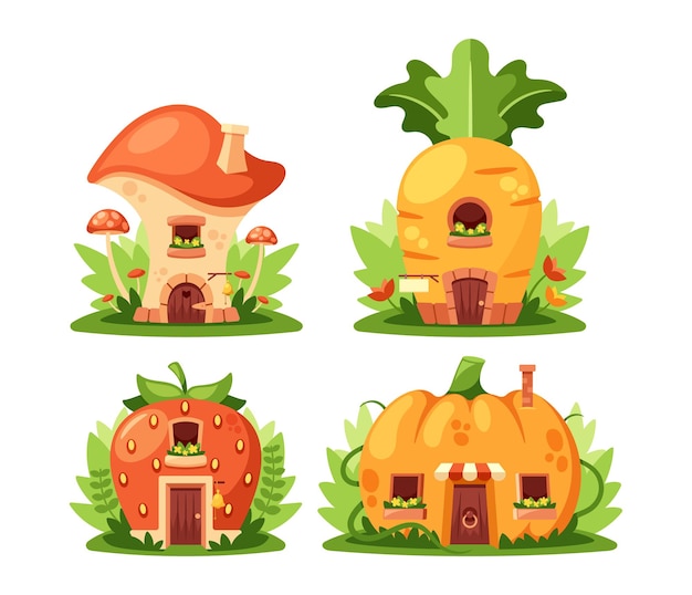 Mushroom Carrot Strawberry and Pumpkin Enchanting Fairytale Houses Are Whimsically Designed With Colorful Facades Roofs And Doors Magical And Otherworldly Dwellings Cartoon Vector Illustration