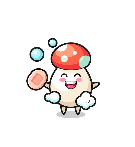 Mushroom character is bathing while holding soap , cute style design for t shirt, sticker, logo element