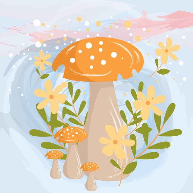 Mushroom character on leaf flower plant and watercolor colorful background