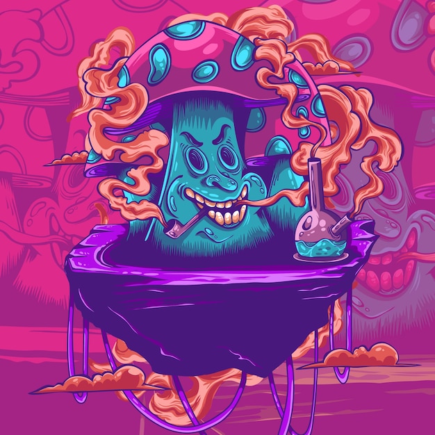 mushroom character with smoke and bong