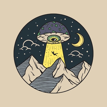 Premium Vector | Mushroom-eyed ufo illustration absorbing people in the  mountains