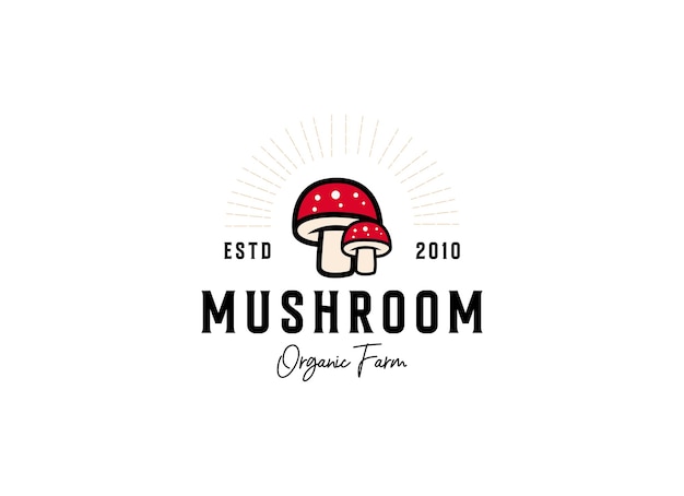 mushroom farm logo vintage vector illustration design, champignon mushroom logo design