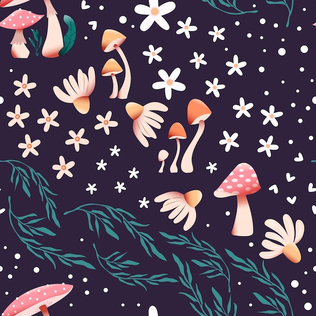 Seamless pattern di funghi e fiori con bellissimi fiori foglie e boccioli bellissimo giardino boschivo in natura illustrazione vettoriale colorato