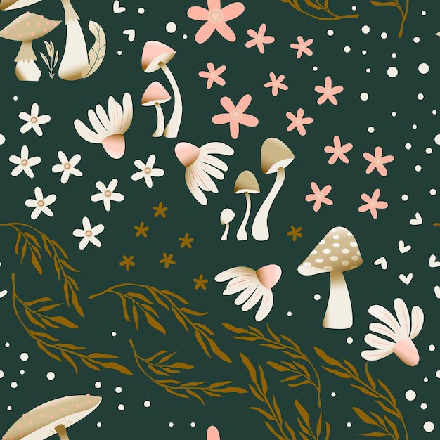 Seamless pattern di funghi e fiori con bellissimi fiori foglie e boccioli bellissimo giardino boschivo in natura illustrazione vettoriale colorato