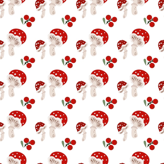 Mushroom fly agaric with red hat, green leaves and red berries. Seamless pattern. Vector