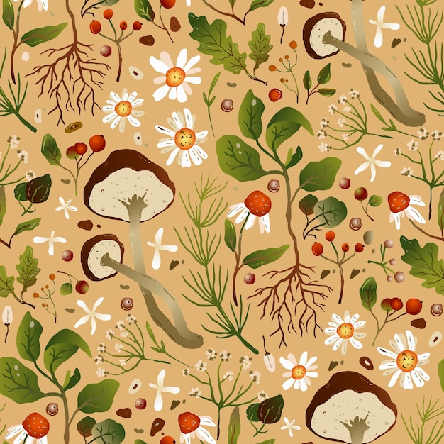 Mushroom forest autumn natural seamless pattern