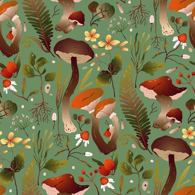 Mushroom forest autumn natural seamless pattern