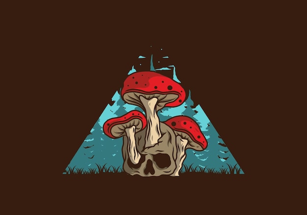 Mushroom growing on human skull illustration