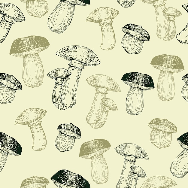 Mushroom hand drawn vector seamlees pattern. isolated sketch organic food drawing background. vintage background.