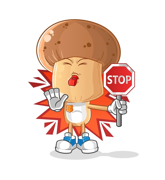 Vector mushroom head cartoon holding stop sign. cartoon mascot vector