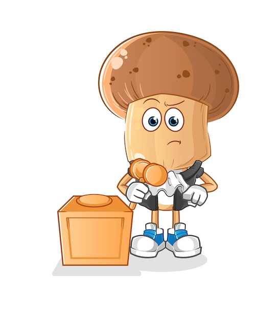 Mushroom head cartoon judge holds gavel character vector