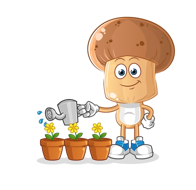 Mushroom head cartoon watering the flowers mascot cartoon vector