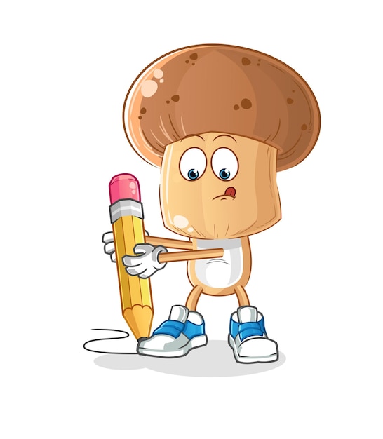 Mushroom head cartoon write with pencil cartoon mascot vector
