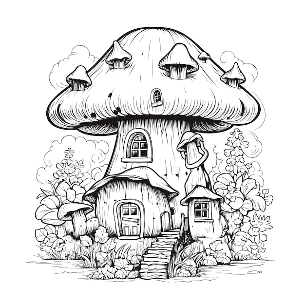 Vector mushroom house coloring pages for kid