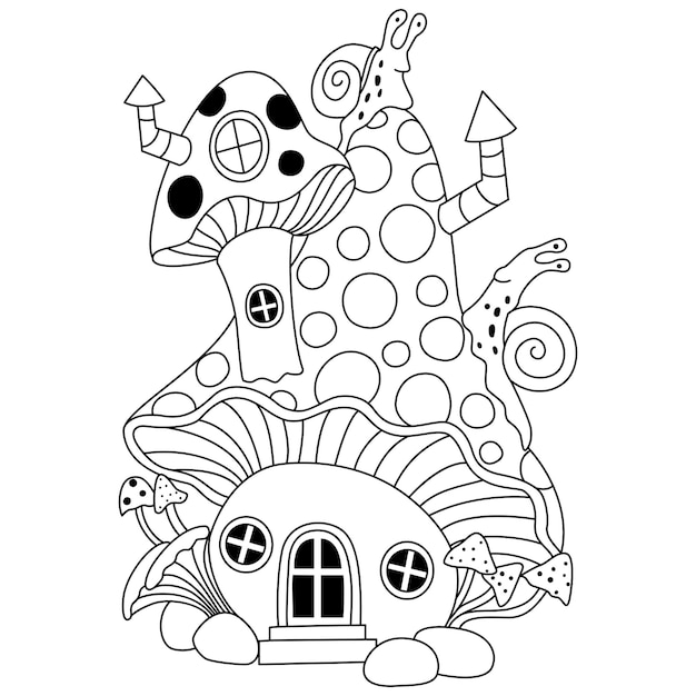 Mushroom house and snells on the top outline artwork coloring pages