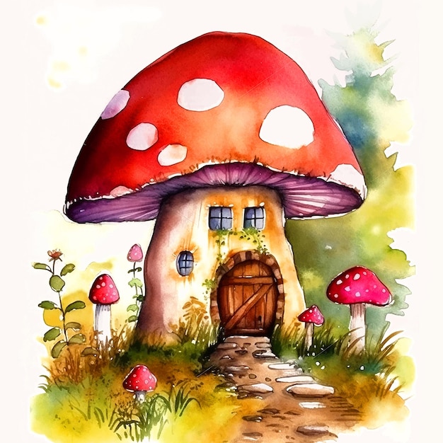 Mushroom house watercolor paint ilustration