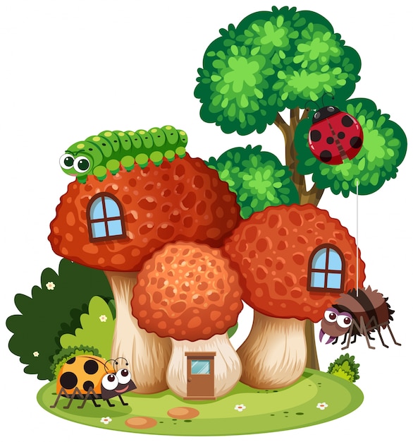 Vector mushroom house with cute insect