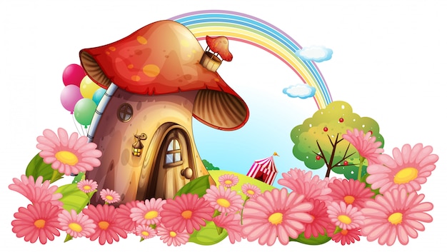 Vector a mushroom house with a garden of flowers