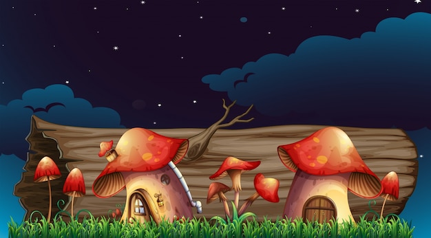 Vector mushroom houses in garden at night