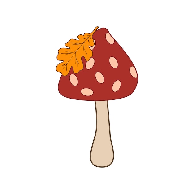 Mushroom isolated on white. Poisonous mushroom fly agaric with oak leaf. Flat cartoon style