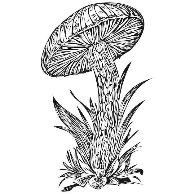 Mushroom logo vector black and white vintage cute engraved linear fungus