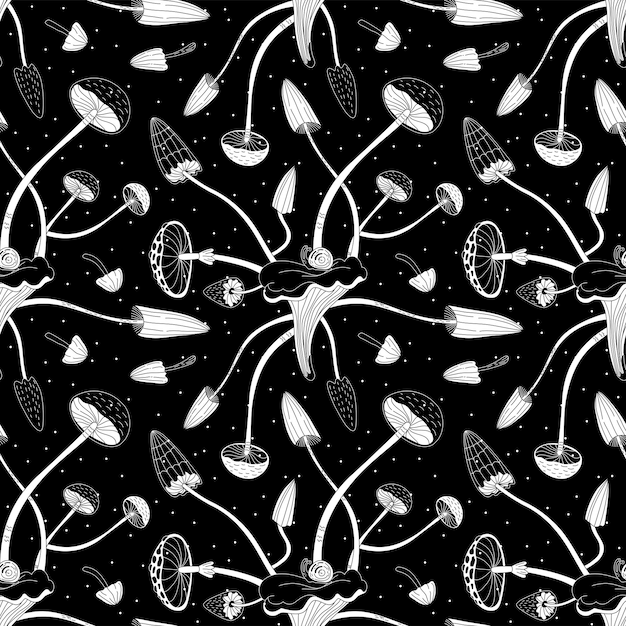 Mushroom magic Seamless pattern Doodle style